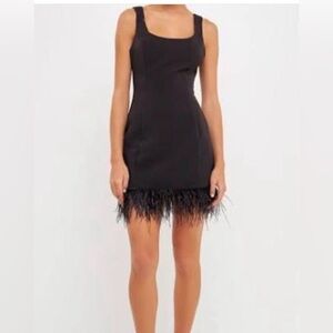New nwt Vici/Endless Rose Maspeth Feather Trim Black Mini Dress large